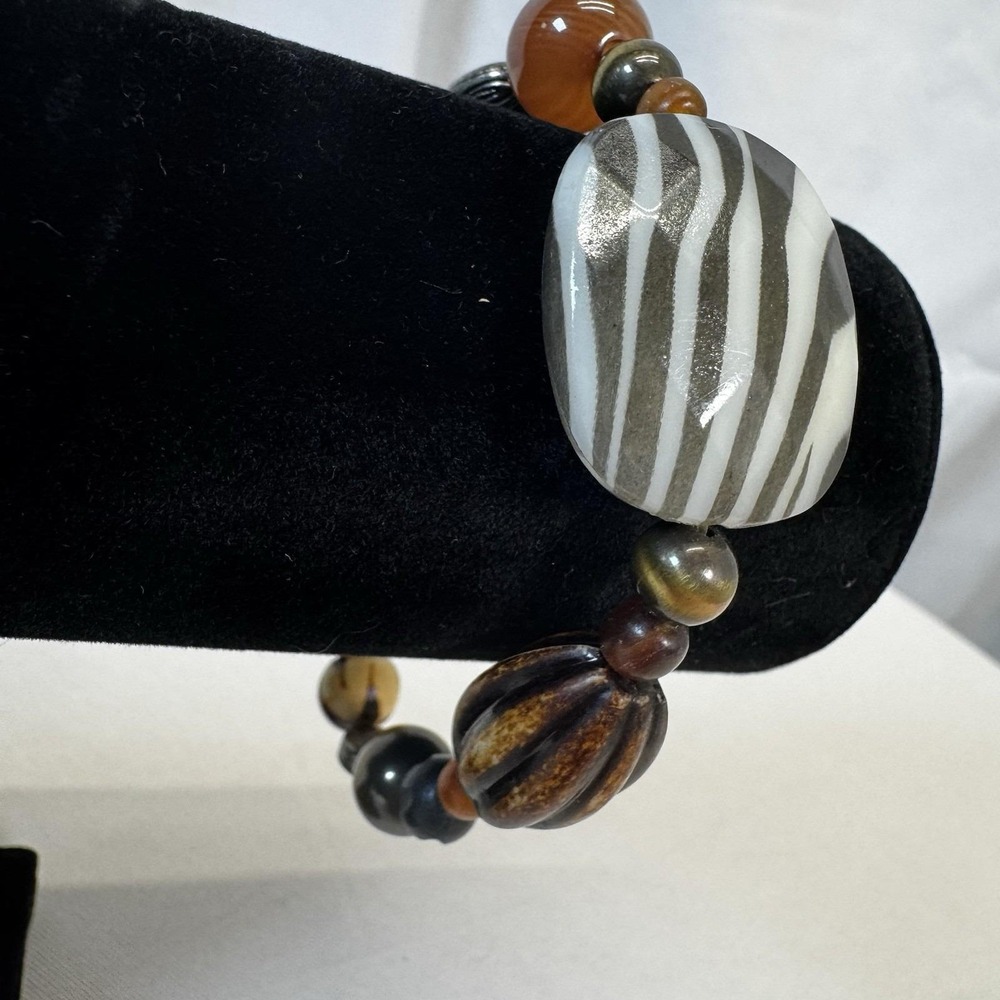 Earth Tone Beaded Stretch Bracelet Zebra Stripe Focal Bead Wood Resin Boho Style